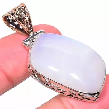 Natural Rainbow Moonstone 925 Solid Sterling Silver Tow Tone Pendant 1.85 h3H63