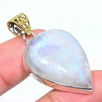 Natural Rainbow Moonstone 925 Sterling Silver Jewelry TwoTone Pendant 1.81 Z3c02