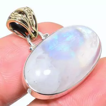 Natural Rainbow Moonstone 925 Sterling Silver Jewelry TwoTone Pendant 1.06 V4r44