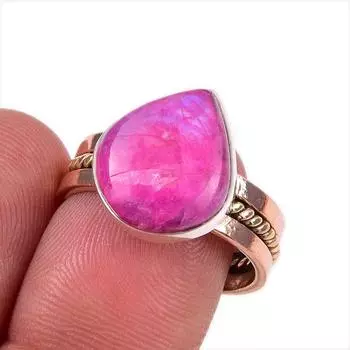 Natural Rainbow Moonstone 925 Sterling Silver Two Tone Jewelry Ring S.8 u2e30