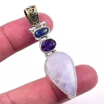 Natural Rainbow Moonstone,African Amethyst 925 Solid Silver Pendant 2.25 L5K09