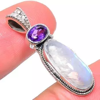 Natural Rainbow Moonstone, Amethyst 925 Solid Sterling Silver Pendant 1.34 M5H83