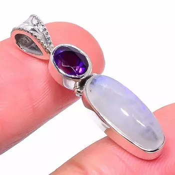 Natural Rainbow Moonstone, Amethyst 925 Solid Sterling Silver Pendant 1.42 s7V95