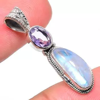 Natural Rainbow Moonstone, Amethyst 925 Solid Sterling Silver Pendant 1.38 q6m05