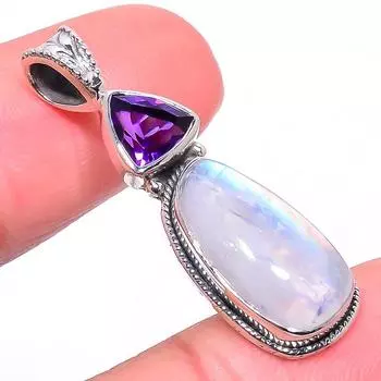 Natural Rainbow Moonstone, Amethyst 925 Solid Sterling Silver Pendant 1.50 J3s15