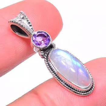 Natural Rainbow Moonstone, Amethyst 925 Solid Sterling Silver Pendant 1.22 n8p30
