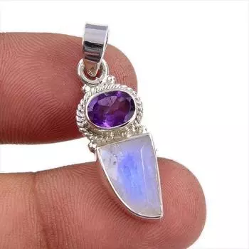 Natural Rainbow Moonstone,Amethyst 925 Sterling Silver Gift Pendant 1.25 w9b82