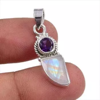 Natural Rainbow Moonstone,Amethyst 925 Sterling Silver Gift Pendant 1.25 t9n05