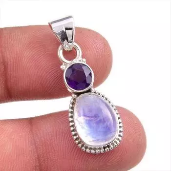Natural Rainbow Moonstone, Amethyst Gemstone 925 Solid Silver Pendant 1.50 L6P64