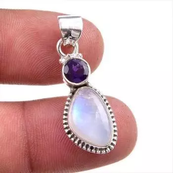 Natural Rainbow Moonstone, Amethyst Gemstone 925 Solid Silver Pendant 1.50 G0c72
