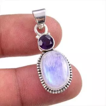 Natural Rainbow Moonstone, Amethyst Gemstone 925 Solid Silver Pendant 1.50 V2p10