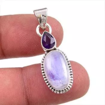 Natural Rainbow Moonstone, Amethyst Gemstone 925 Solid Silver Pendant 1.50 g6d45