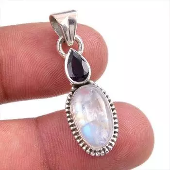 Natural Rainbow Moonstone, Amethyst Gemstone 925 Solid Silver Pendant 1.50 S2h77