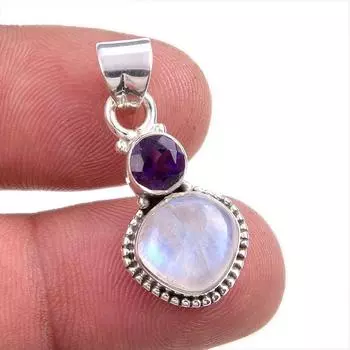 Natural Rainbow Moonstone, Amethyst Gemstone 925 Solid Silver Pendant 1.50 l0J41