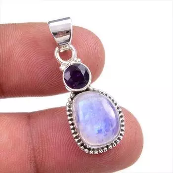 Natural Rainbow Moonstone, Amethyst Gemstone 925 Solid Silver Pendant 1.50 T5N72