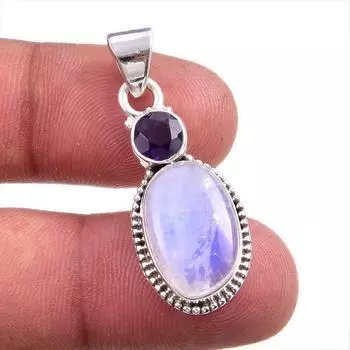 Natural Rainbow Moonstone, Amethyst Gemstone 925 Solid Silver Pendant 1.50 V9J51