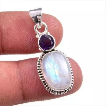 Natural Rainbow Moonstone, Amethyst Gemstone 925 Solid Silver Pendant 1.50 Q2H46