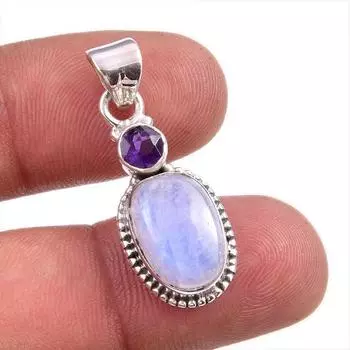 Natural Rainbow Moonstone, Amethyst Gemstone 925 Solid Silver Pendant 1.50 H8S40
