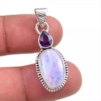 Natural Rainbow Moonstone, Amethyst Gemstone 925 Solid Silver Pendant 1.50 O2l51