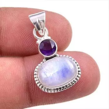 Natural Rainbow Moonstone, Amethyst Gemstone 925 Solid Silver Pendant 1.50 j2G85