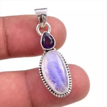 Natural Rainbow Moonstone, Amethyst Gemstone 925 Solid Silver Pendant 1.50 J9G94