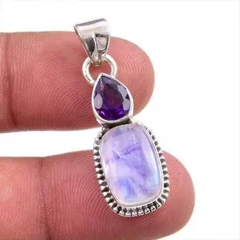 Natural Rainbow Moonstone, Amethyst Gemstone 925 Solid Silver Pendant 1.50 n4a11