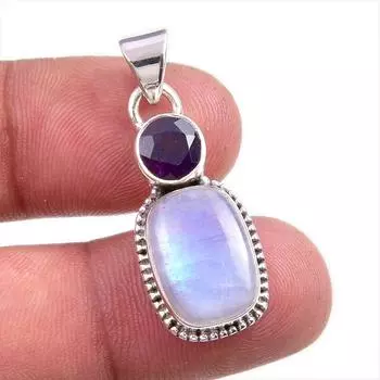 Natural Rainbow Moonstone, Amethyst Gemstone 925 Solid Silver Pendant 1.50 R3W66