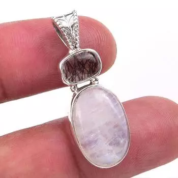 Natural Rainbow Moonstone,Black Rutile 925 Solid Silver Gift Pendant 1.25 z3z86