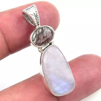 Natural Rainbow Moonstone,Black Rutile 925 Solid Silver Gift Pendant 1.50 j3i79