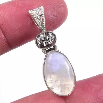 Natural Rainbow Moonstone,Black Rutile 925 Solid Silver Gift Pendant 1.25 L8P36