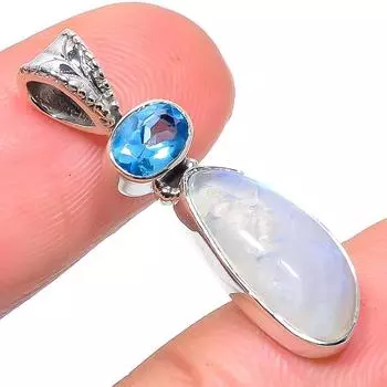 Natural Rainbow Moonstone,Blue Topaz 925 Solid Sterling Silver Pendant 1.2 g6N77