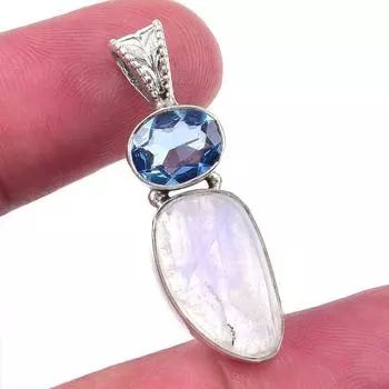 Natural Rainbow Moonstone,Blue Topaz 925 Solid Sterling Silver Pendant 1.2 D3H74