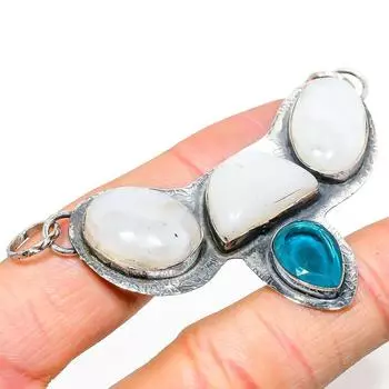 Natural Rainbow Moonstone,Blue Topaz 925 Sterling Silver Pendant 2.09 l8n06