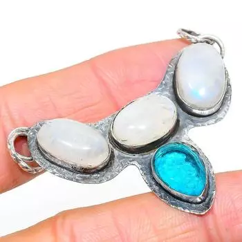 Natural Rainbow Moonstone,Blue Topaz 925 Sterling Silver Pendant 1.85 t4w31