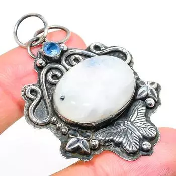 Natural Rainbow Moonstone,Blue Topaz 925 Sterling Silver Pendant 2.36 I9I69