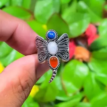 Natural Rainbow Moonstone, Carnelian Gemstone 925 Sterling Silver Ring S.9 g3A19