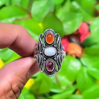Natural Rainbow Moonstone, Carnelian Gemstone 925 Sterling Silver Ring S.9 L1I67