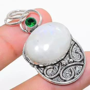 Natural Rainbow Moonstone, Diopside 925 Sterling Silver Pendant 1.97 k3A00