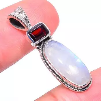 Natural Rainbow Moonstone, Garnet 925 Solid Sterling Silver Pendant 1.38 Z8i69