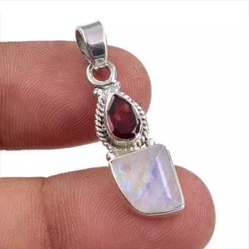 Natural Rainbow Moonstone,Garnet Gemstone 925 Sterling Silver Pendant 1.25 S9w25
