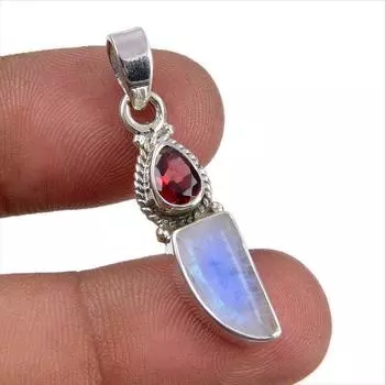 Natural Rainbow Moonstone,Garnet Gemstone 925 Sterling Silver Pendant 1.50 W6c97