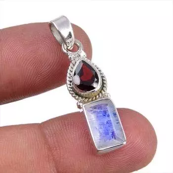 Natural Rainbow Moonstone,Garnet Gemstone 925 Sterling Silver Pendant 1.50 r6H82