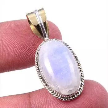 Natural Rainbow Moonstone Gemstone 925 Solid Silver Two Tone Pendant 1.25 Z1L69