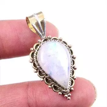 Natural Rainbow Moonstone Gemstone 925 Solid Silver Two Tone Pendant 1.5 o4b23