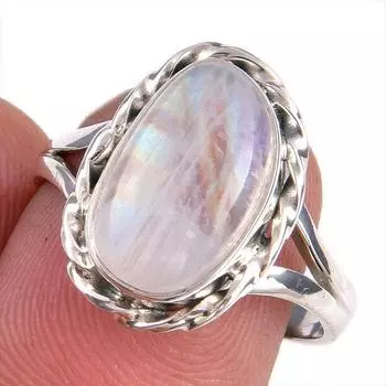Natural Rainbow Moonstone Gemstone 925 Solid Silver Jewelry Ring Size 7.5 i5t37