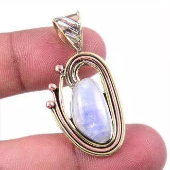 Natural Rainbow Moonstone Gemstone 925 Solid Silver Two Tone Pendant 1.50 h4r70