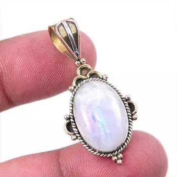 Natural Rainbow Moonstone Gemstone 925 Solid Silver Two Tone Pendant 1.50 f7G06
