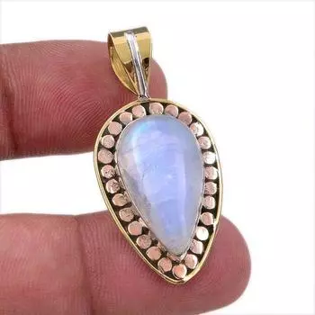 Natural Rainbow Moonstone Gemstone 925 Solid Silver Two Tone Pendant 1.50 e8N75