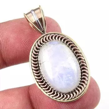 Natural Rainbow Moonstone Gemstone 925 Solid Silver Two Tone Pendant 1.50 K5Q91
