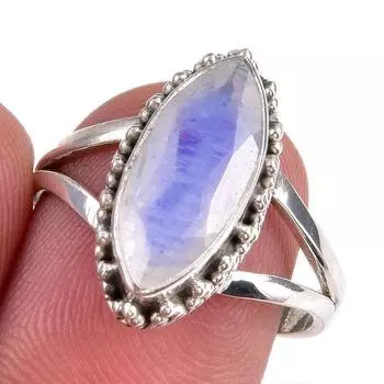 Natural Rainbow Moonstone Gemstone 925 Solid Silver Jewelry Ring Size 7.5 R7O51